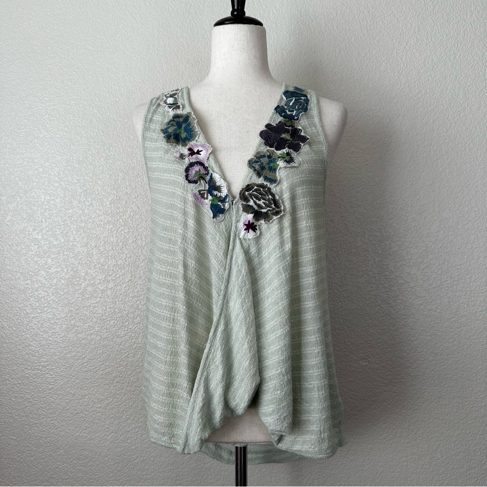 Free People Frida Mint Green Floral Embroidered Gauzy Knit Tank Top, Sz Medium